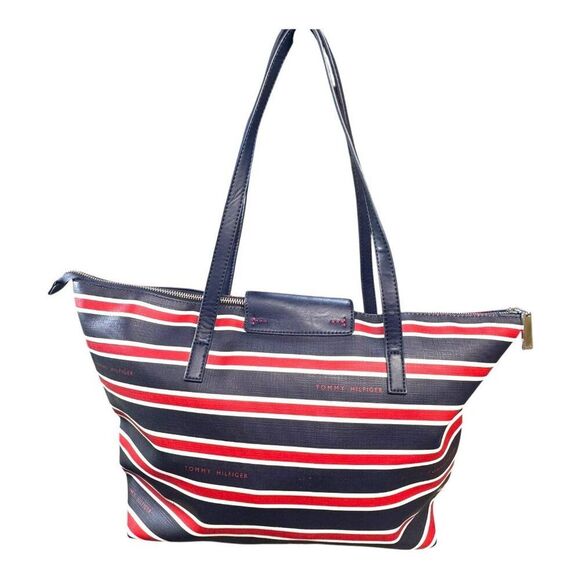 Tommy Hilfiger Patriotic Red White Blue Striped Tote Bag Zipper Top Handle READ - Picture 15 of 16